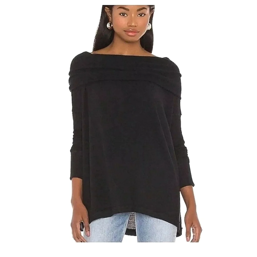 Free People We The Free Juicy Ribbed Cowl Neck Oversized Top Black S NWT